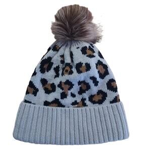 Vici Leopard Faux Fur Pom Cuffed Knit Winter Ski Snow Beanie hat NWOT